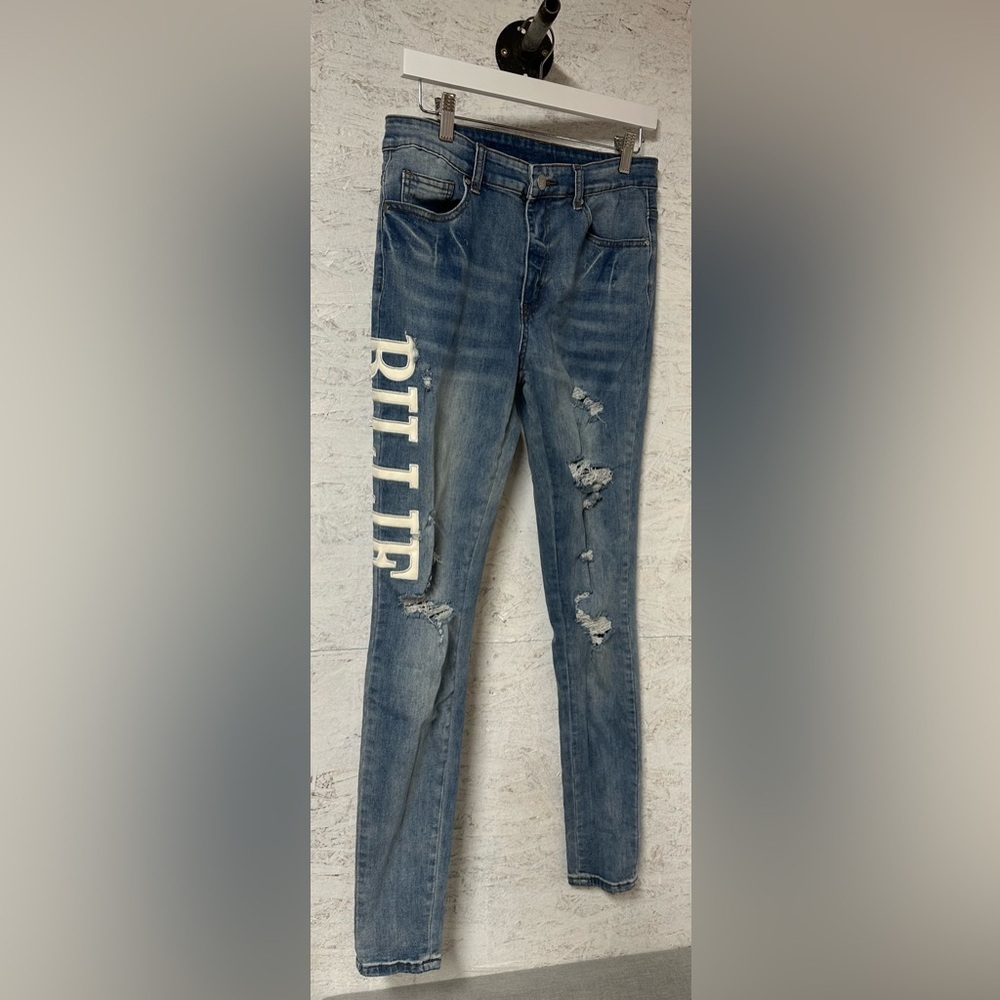 Distressed Billy Jean-  Skinny Blue Jeans with embroidery